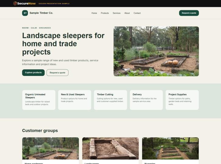 Homepage preview from the Sample Timber Co. Modern Natural design direction